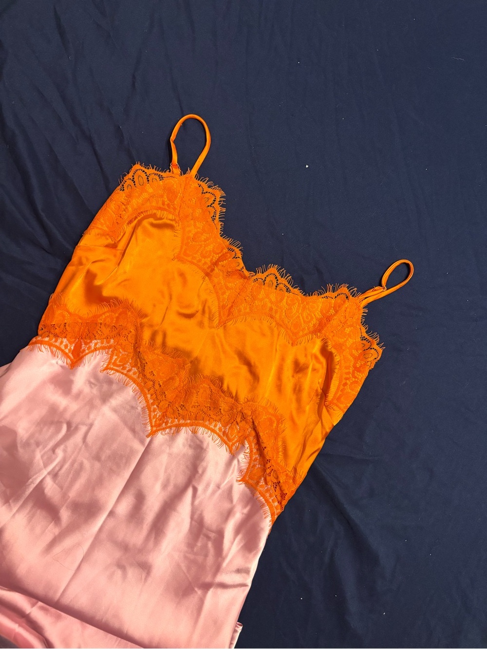 VICI Two-Tone Lace Trim Satin Slip Maxi Dress Orange Pink Sz S - Picture 5 of 5